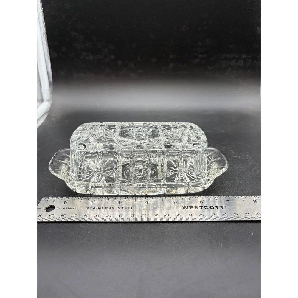 Vintage Clear Pressed Glass Butter Dish with Lid Starburst Pattern Rectangular